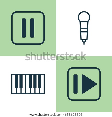 Music Icons Set. Collection Of Mute Song, Piano, Microphone And Other Elements. Also Includes Symbols Such As Pause, Piano, Forward.