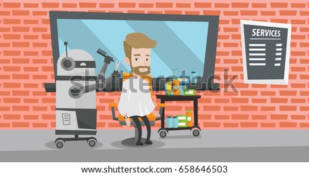 Robot hairdresser cutting hair of young hipster man at barbershop. Robot hairdresser making haircut to caucasian client with scissors in barbershop. Vector flat design illustration. Horizontal layout.