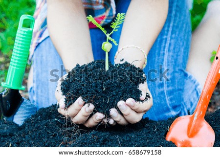 Holding soil and sprout protection in hand. Concept earth day 5 June