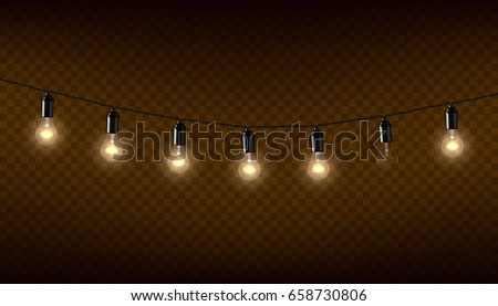 Vector garland of lamps on brown transparent background. Royalty-Free Stock Photo #658730806