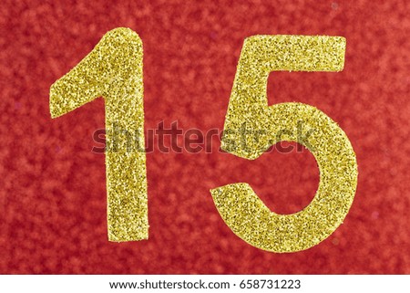Number fifteen yellow color over a red background. Anniversary. Horizontal