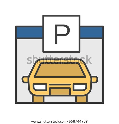 Parking place, carpark, auto shed color icon. Car garage with P sign. Isolated vector illustration