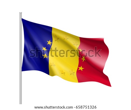 Romania national waving flag with a circle of European Union twelve gold stars, ideals of unity with EU, member since 1 January 2007. Realistic vector illustration