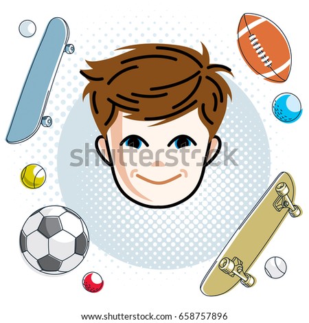 Cute boy face, human head. Vector redhead character, smiling toddler face features, sport and entertainment clipart.