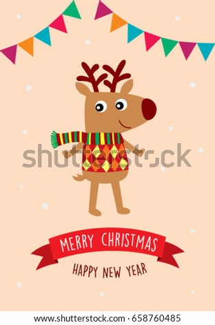 cute reindeer merry christmas and happy new year greeting