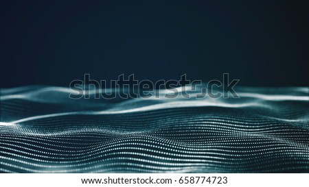 Abstract digital landscape with flowing particles. Cyber or technology background Royalty-Free Stock Photo #658774723