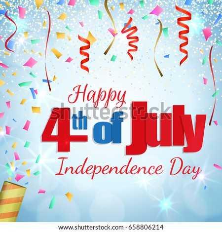 Happy 4th of July, Independence Day greeting card with a cracker and confetti. Happy July Fourth. Vector