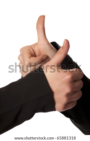 Two hands with their thumbs raised up. White background
