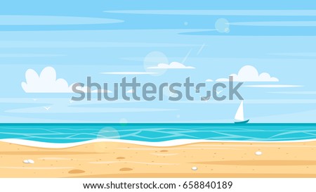 Vector cartoon style background of sea shore. Good sunny day. Royalty-Free Stock Photo #658840189