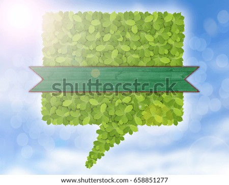 Green square bubble made of green leaves eco friendly on sky background