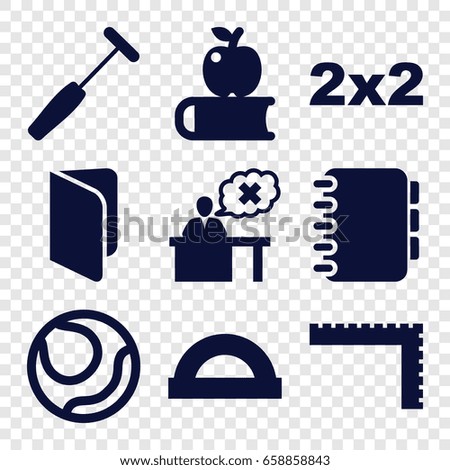 School icons set. set of 9 school filled icons such as ruler, teacher, medical hammer, notebook, book, protractor, blackboard, apple on book