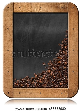 Roasted coffee beans in an empty blackboard with wooden frame and copy space. Isolated on white background