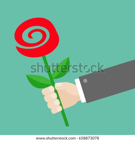 Businessman hand holding red rose flower. Giving gift concept. Cute cartoon character. Black suit. Greeting card. Flat design. Green background. Isolated. Vector illustration