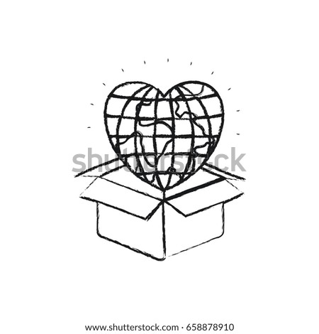 blurred silhouette globe earth world in heart shape coming out of cardboard box vector illustration
