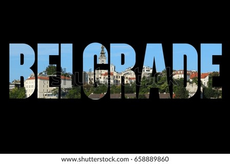 Belgrade, Serbia - city name sign with photo in background. Isolated on black.