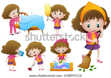 Little girl doing different housework illustration Royalty-Free Stock Photo #658891516