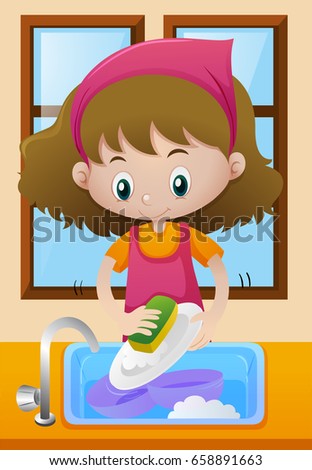 Girl doing dishes at home illustration