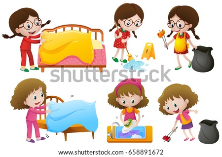 Girls doing different chores illustration Royalty-Free Stock Photo #658891672