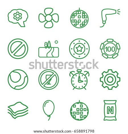 Circle icons set. set of 16 circle outline icons such as hair dryer, 100 casino chip, casino chip, bag with ground, fan, prohibited, balloon, disco ball, sponge, gear