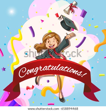 Card template for congratulations with woman in graduation gown illustration