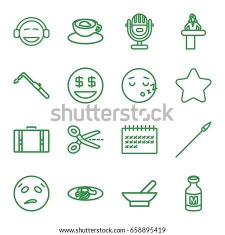 Clipart icons set. set of 16 clipart outline icons such as airport desk, bowl, star, blowtorch, fried egg and bacon, milk, calendar, cup with heart, suitcase, spear