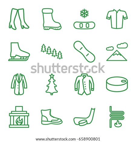 Winter icons set. set of 16 winter outline icons such as pine tree, woman boots, boot, jacket, christmas tree, fireplace, heating system, hockey puck, hockey stick and puck