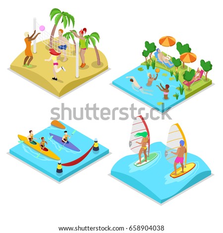 Isometric Outdoor Sea Beach Activity. Kayaking, Volleyball, Surfing and Water Polo. Healthy Lifestyle and Recreation. Vector flat 3d illustration