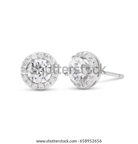diamond stud earrings on white background,prong set,isolate Royalty-Free Stock Photo #658952656