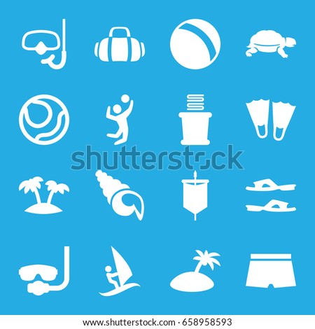 Beach icons set. set of 16 beach filled icons such as turtle, ball, towels, slippers, palm, volleyball player, sport bag, snorkel, island, man swim wear, shell, surfing, sail