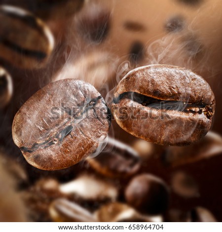 Macro photo of coffee splash and smoke 