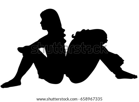 Silhouettes vector of two sad young women sitting on the floor. They sit and hug their knees