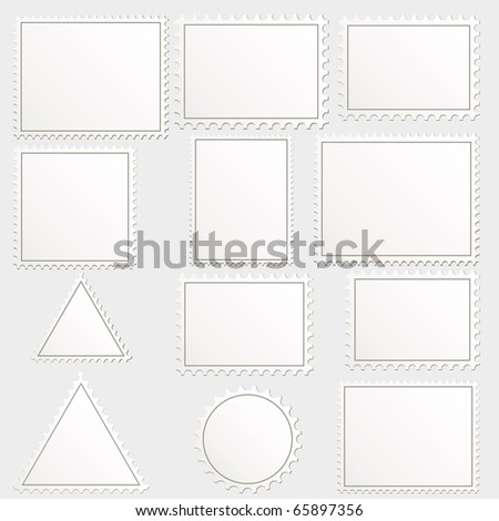 big set of blank postage stamps different geometric shapes.
