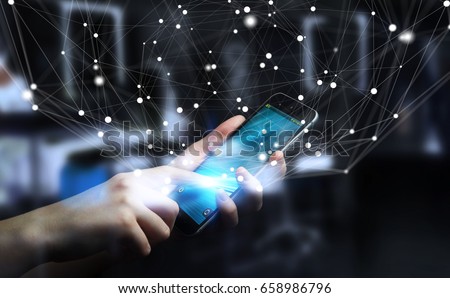 Businessman on blurred background using flying network connection interface 3D rendering Royalty-Free Stock Photo #658986796