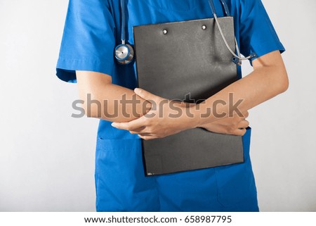 Woman nurse on white background,Healthcare and medical concept,pharmacy with stethoscope on hospital holding clipboard.