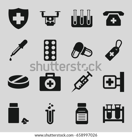 Pharmacy icons set. set of 16 pharmacy filled icons such as pipette, medical cross, syringe, medical cross tag, test tube, pill, medicine, heart test tube