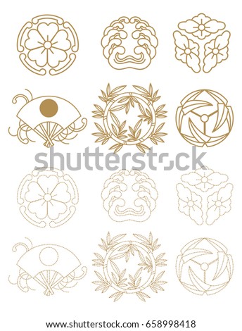 Japanese sign and symbols vector. Gold stitch pattern.