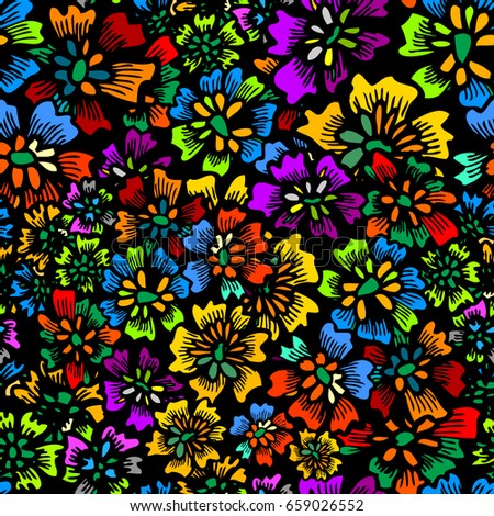 Multicolored flowers seamless pattern. Vector