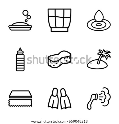 Water icons set. set of 9 water outline icons such as water drop, soap, sponge, shower, drink, flippers, island