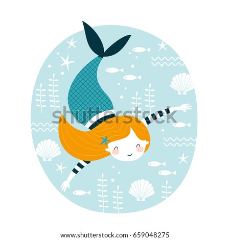 Template with cute mermaid for cards, t-shirt prints, summer holidays. Vector illustration in yellow, orange and blue colors