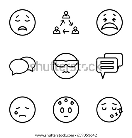 Chat icons set. set of 9 chat outline icons such as chat, crying emot, cool emot in sunglasses