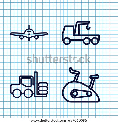 Set of 4 transport outline icons such as forklift, plane, truck with hook