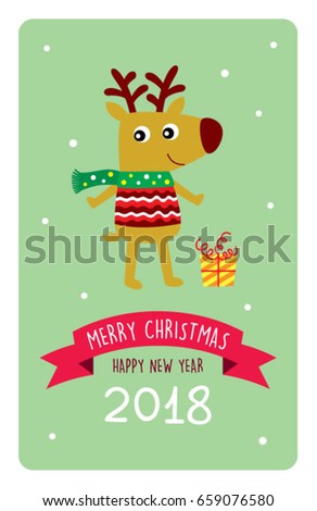 cute reindeer merry christmas and happy new year greeting