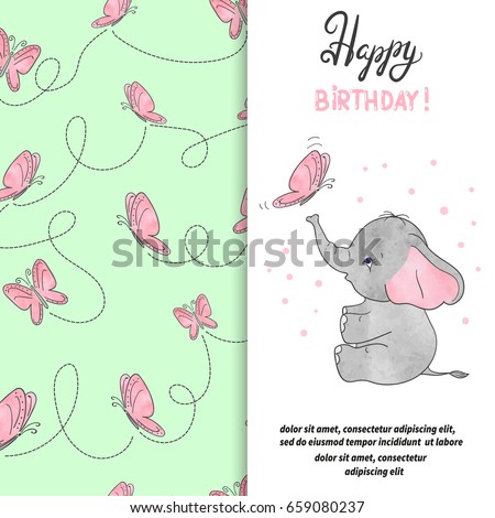 Happy Birthday greeting card design with cute elephant and butterfly. Vector illustration.