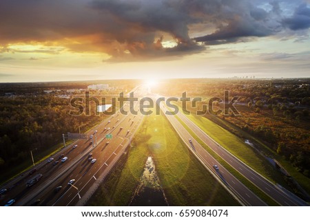 Aerial view of sunset over a highway in Orlando, Florida.