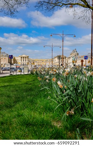 Versailles, Paris, View of the Palace in Depth of Field from Spring Flower