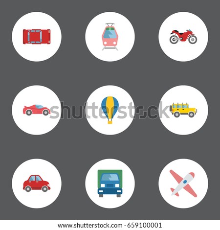 Flat Icons Automotive, Truck, Airship And Other Vector Elements. Set Of Transport Flat Icons Symbols Also Includes Balloon, Jeep, Freight Objects.