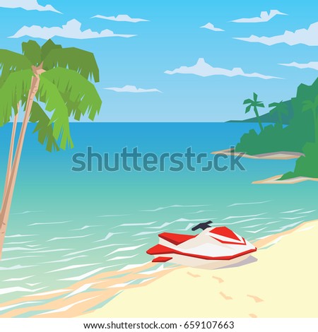 Water bike on sandy beach with palms. Tropical ocean landscape. Seaside. Summer sky. Vector illustration of seascape with water bike moored to coast in flat faceted style for design, articles, print.