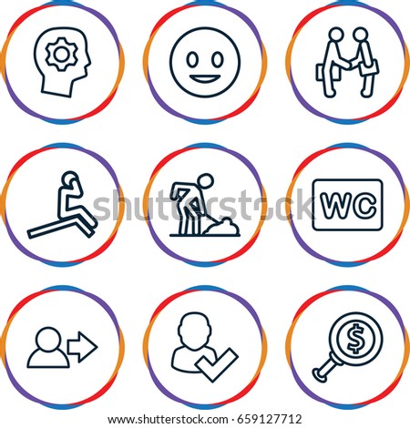 People icons set. set of 9 people outline icons such as wc, digging man, businessman shaking hands, smiling emot, user, user and tick, gear in head, dollar search