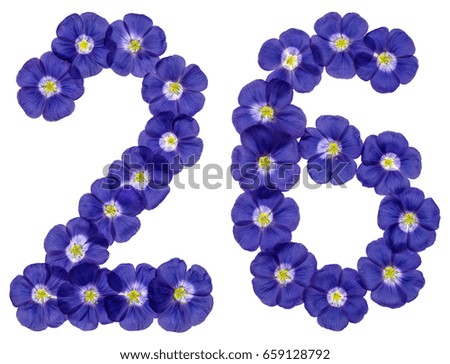 Arabic numeral 26, twenty six, from blue flowers of flax, isolated on white background
