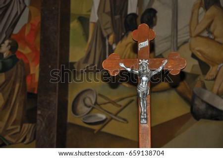 Close-up of cross with the image of Jesus Christ 